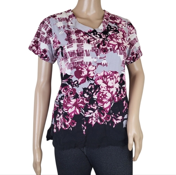 Greys Anatomy Scrub Top Purple Gray Floral Print Black Pink - Picture 1 of 4